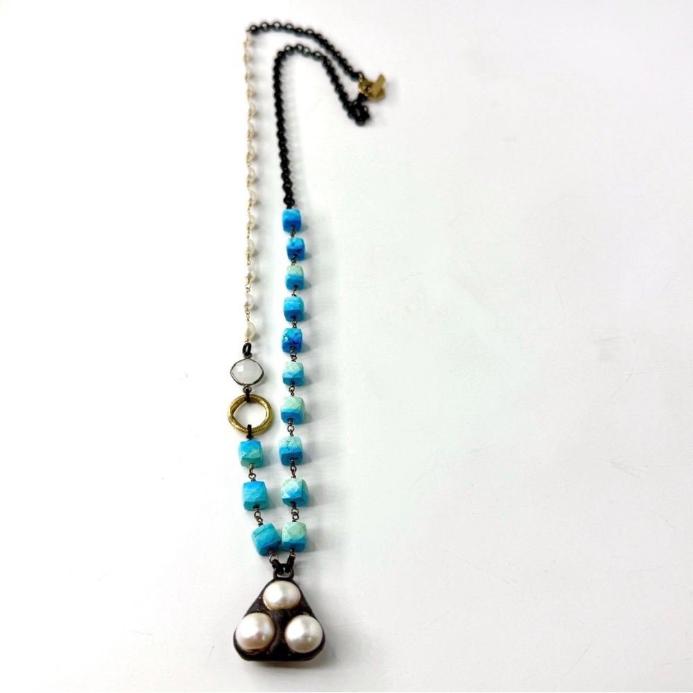 Turquoise Pearl Necklace, Hand Soldered Pendant, Sterling Silver Wire Wrapped